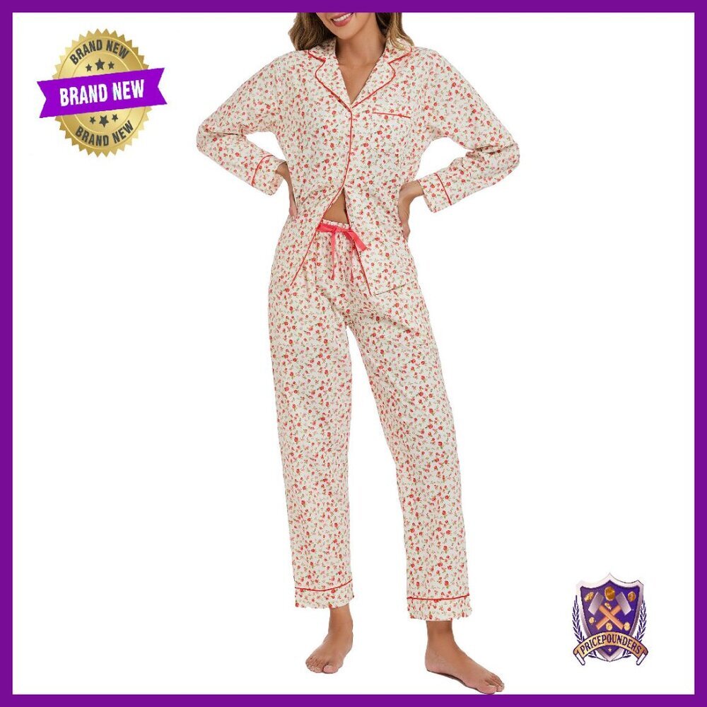 100% Cotton Pajama Set Women's Long Sleeve Button Top & Bottoms XS-XXL
